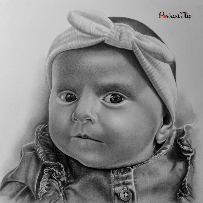 Pencil sketch of baby in bow headband